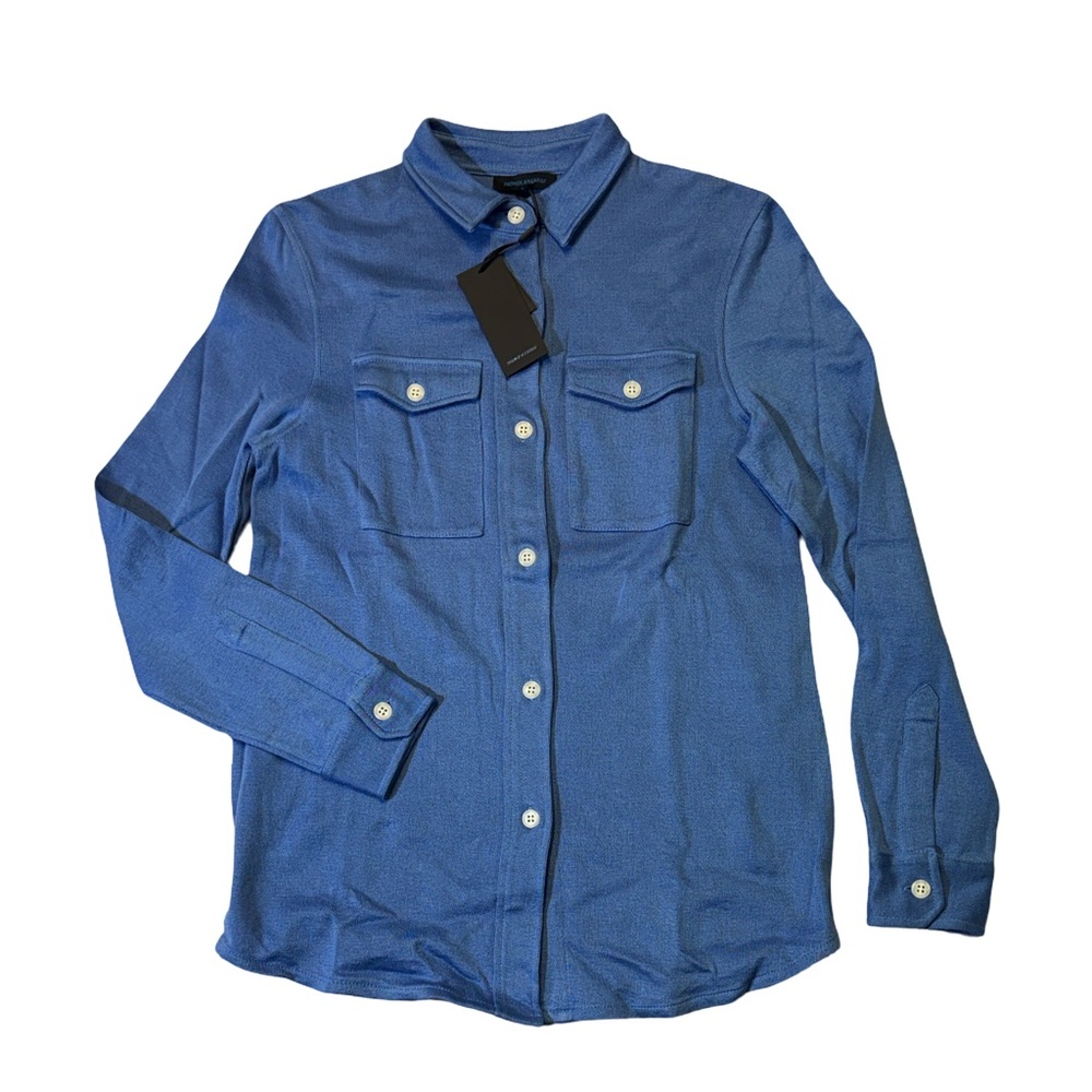 NEW Patrick Assaraf mens S Small blue solid Pima cotton knit button up shirt NWT